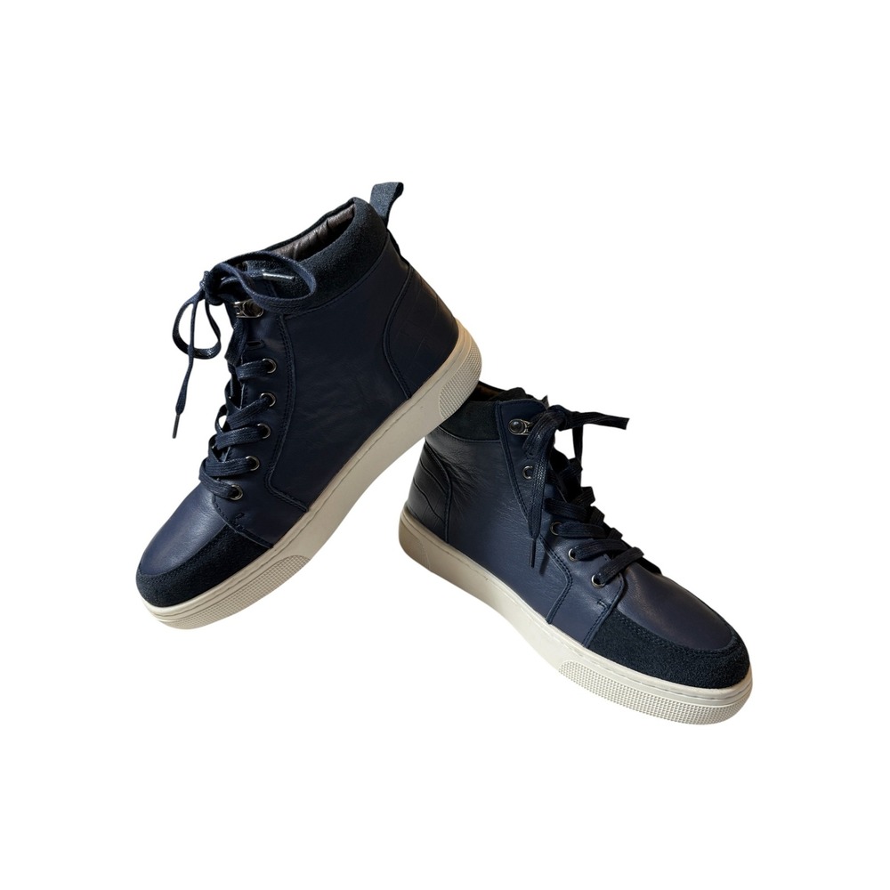 Propet Mens Navy Blue Leather Suede High Top Sneakers Side Zip Croc Detail Sz 8